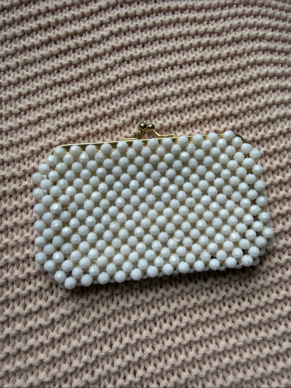 White Beaded Clutch Purse with Gold Frame